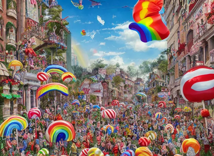 Image similar to where's waldo, lollipops and rainbows, lowbrow, matte painting, 3 - d highly detailed, in the style of camille rose garcia