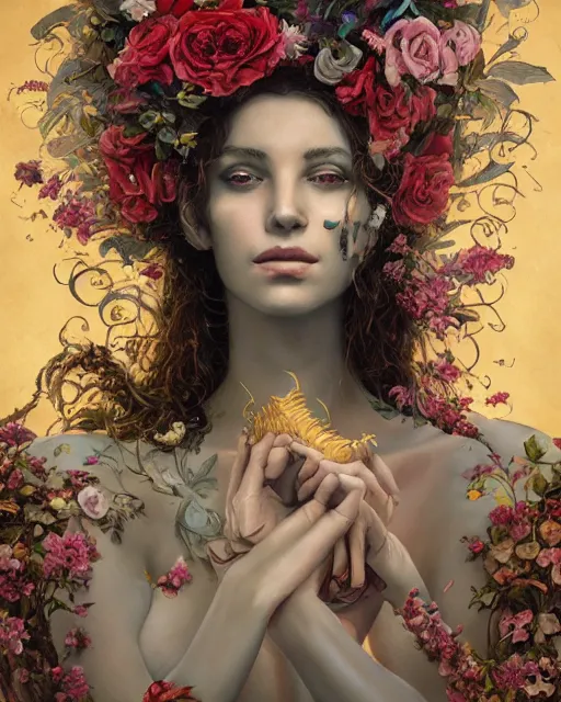 Prompt: portrait of the cuban queen of the underworld, surrounded by flowers by karol bak, james jean, tom bagshaw, rococo, sharp focus, trending on artstation, cinematic lighting, hyper realism, octane render, 8 k, hyper detailed.