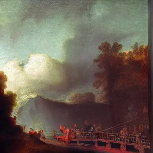 Prompt: elon musk in a painting by rembrandt, on a bridge, in the sky, red, green, alpha