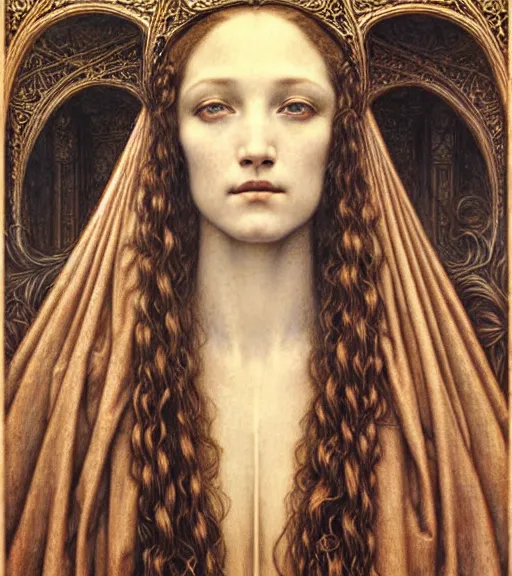 Image similar to detailed realistic beautiful young medieval queen face portrait by jean delville, gustave dore and marco mazzoni, art nouveau, symbolist, visionary, gothic, pre - raphaelite. horizontal symmetry