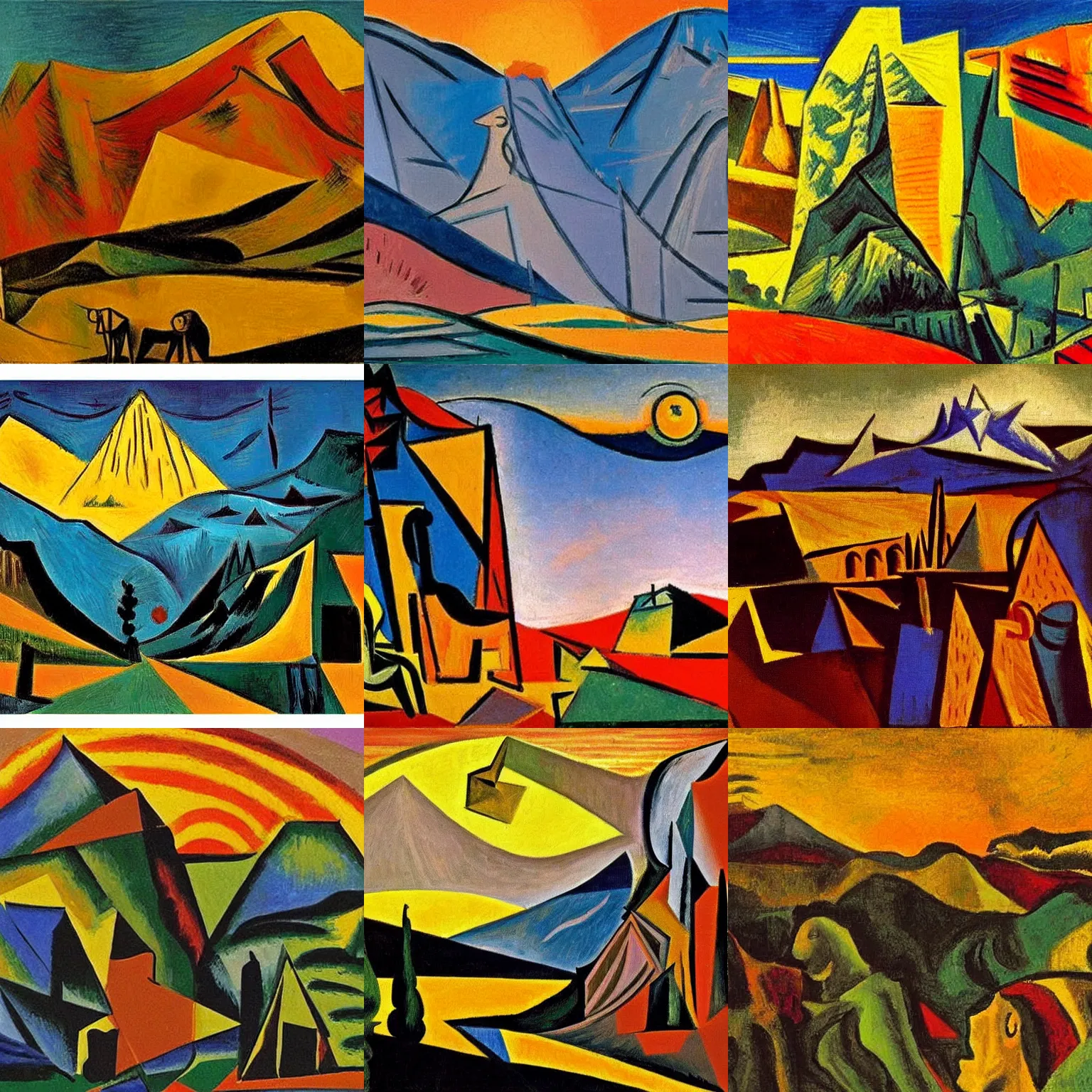 Prompt: picassos interpretation of tall majestic mountains during sunset, neo baroque painting by picasso