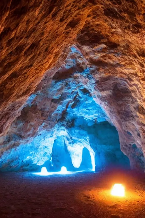 Prompt: photograph of inside of beautiful glowing caves