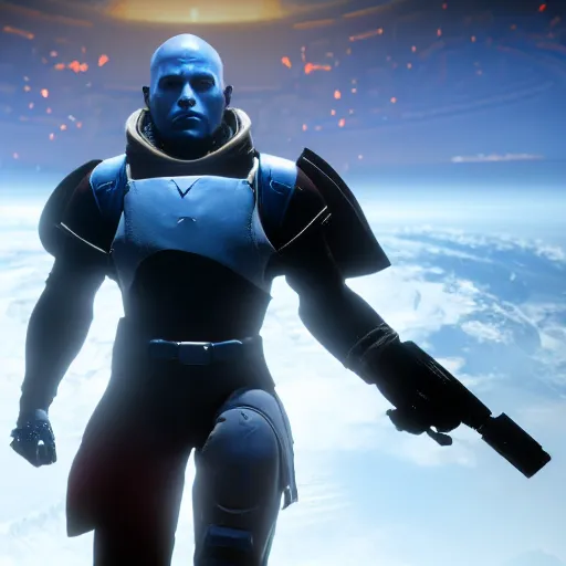 Prompt: beautiful portrait of zavala in destiny 2, ultra detailed, hyper realistic, blue face unreal engine, ray tracing 8 k