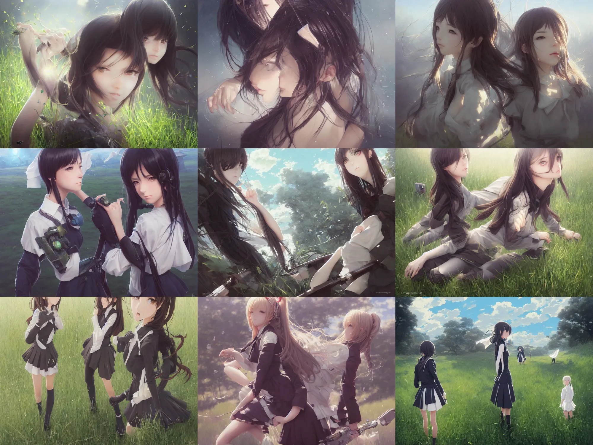 Prompt: ultra realistic beautiful grassy knoll techno art, beautiful alluring anime school girl, sci - fi, fantasy, intricate, elegant, highly detailed, digital painting, artstation, concept art, smooth, sharp focus, illustration, art by artgerm and greg rutkowski and krenz cushart and tian zi and ilya kuvshinov, and rossdraws