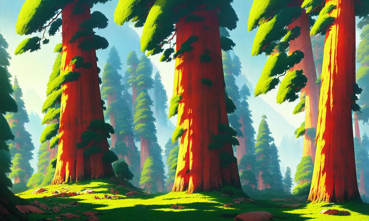 Image similar to Sequoia forest in a colorful moutain with beautiful trees , no people, morning, by studio ghibli painting, superior quality, masterpiece, traditional Japanese colors, by Grzegorz Rutkowski, concept art