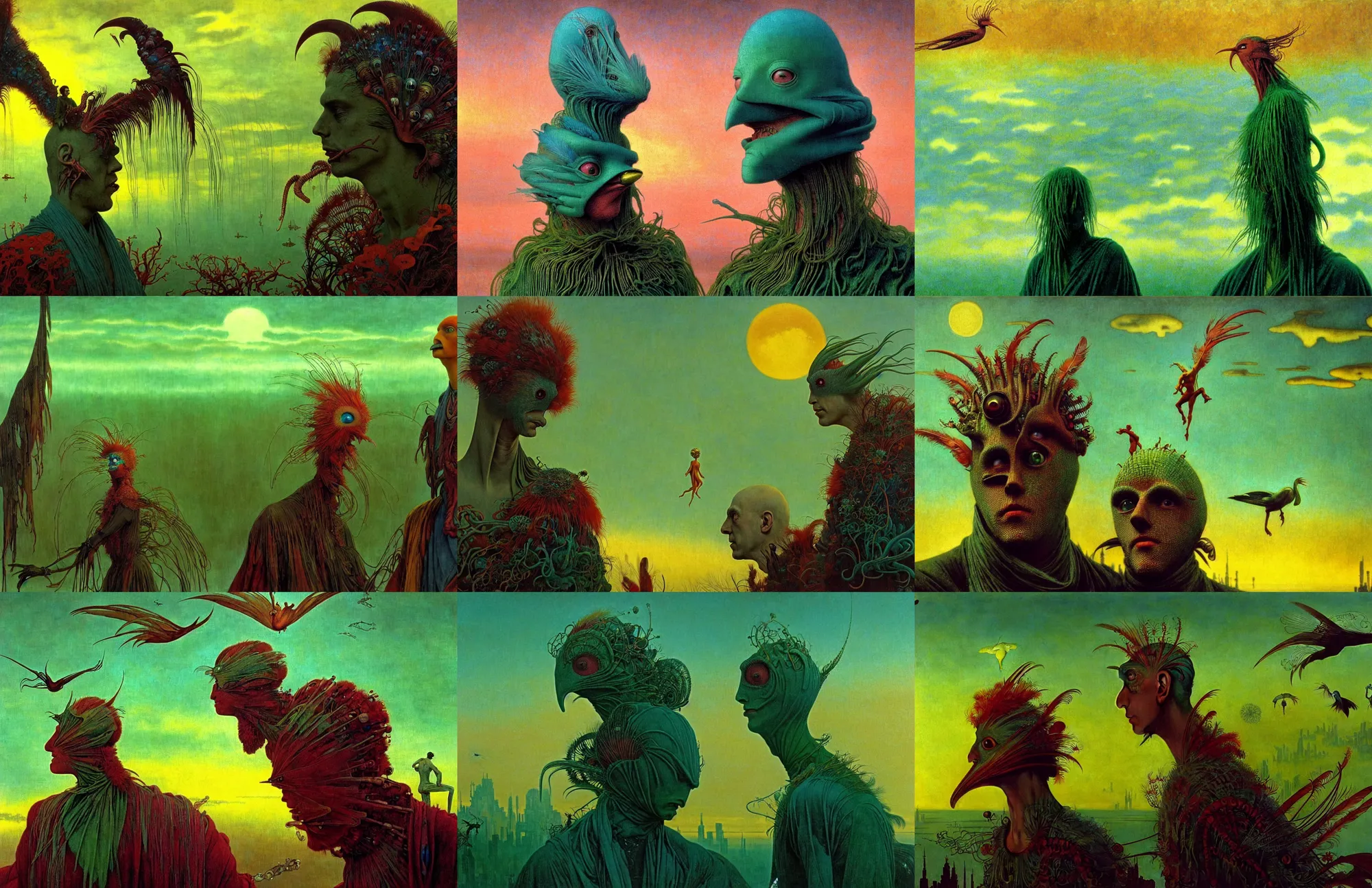 Prompt: realistic detailed portrait movie shot of a creepy birdman wearing green ragged robes, sci fi city sunset landscape background by denis villeneuve, amano, yves tanguy, alphonse mucha, ernst haeckel, max ernst, roger dean, masterpiece, rich ethereal colours, feathers blue eyes