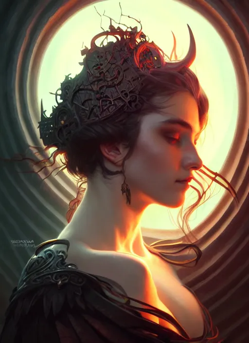 Image similar to Necromancer Sorceress, fantasy magic, undercut hairstyle, dark light night, intricate, elegant, sharp focus, illustration, highly detailed, digital painting, concept art, matte, art by WLOP and Artgerm and Greg Rutkowski and Alphonse Mucha, masterpiece