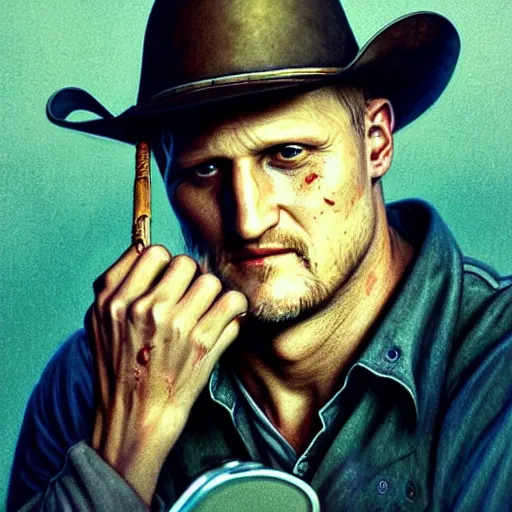 Prompt: portrait painting [ woody harrelson ] from zombieland with a cowboy hat and bloody golf club, ultra realistic, concept art, intricate details, eerie, highly detailed, photorealistic, octane render, 8 k, unreal engine. art by artgerm and greg rutkowski and alphonse mucha
