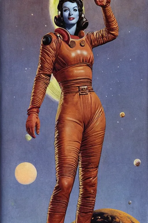 Image similar to 5 0 s pulp scifi fantasy illustration full body portrait slim mature woman in leather spacesuit on mars, by norman rockwell, roberto ferri, daniel gerhartz, edd cartier, jack kirby, howard v brown, ruan jia, tom lovell, frank r paul, jacob collins, dean cornwell, astounding stories, amazing, fantasy, other worlds