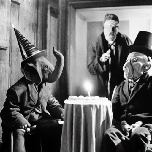 Image similar to the elephant man having a birthday party cinematic 3 5 mm