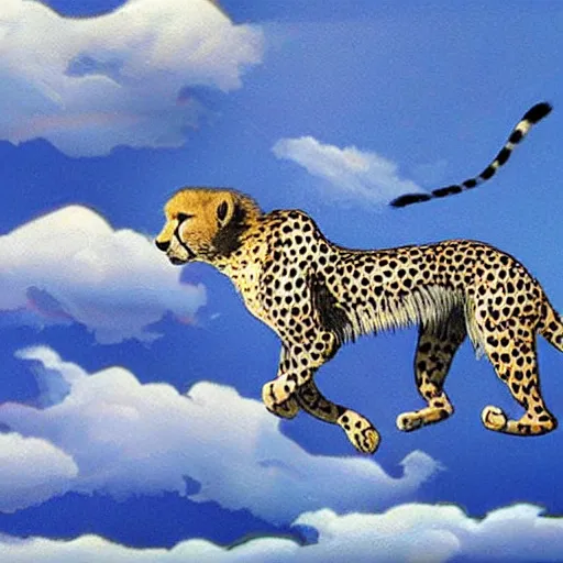 Prompt: Cheetah running over clouds, imaginative -10