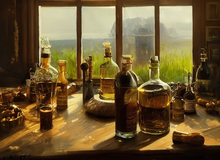 Image similar to oil painting of barley grains, plants and whiskey bottle, art by anders zorn, wonderful masterpiece by greg rutkowski, beautiful cinematic light, american romanticism by greg manchess, creation by tyler edlin
