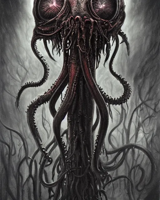 Prompt: gruesome creature with long tentacles and many eyes, endless eye, glowing eyes, too many eyes, midnight fog - mist!, dark oil painting colors, realism, cinematic lighting, various refining methods, micro macro autofocus, ultra definition, award winning photo, photograph by ghostwave - gammell - giger - shadowlord