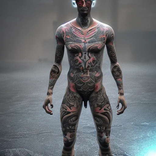 Image similar to a beautiful male alien god covered in tattoos, cinematic realistic, unreal engine 5