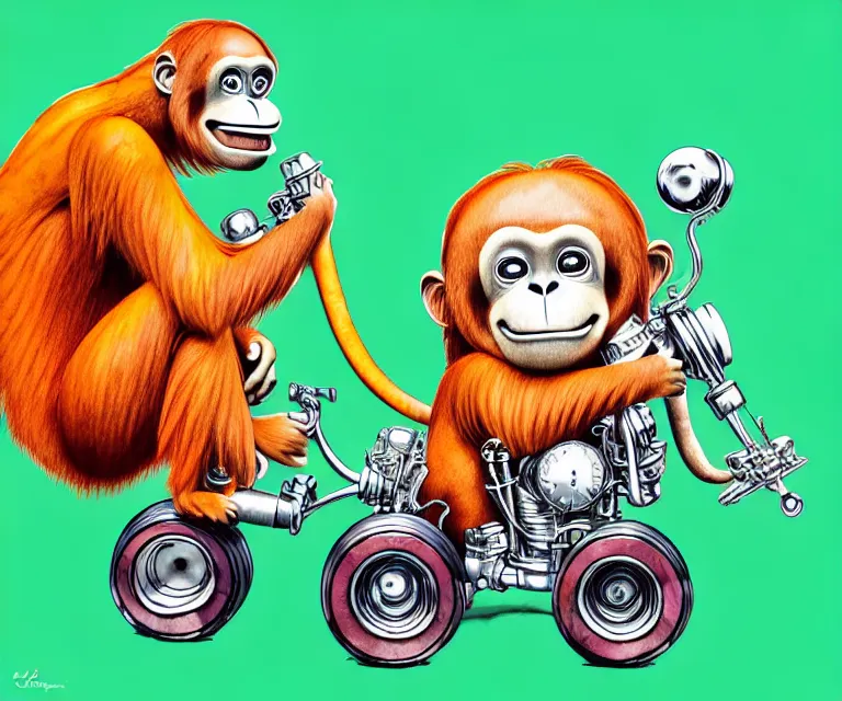 Image similar to cute and funny, orangutan wearing a helmet riding in a tiny hot rod with oversized engine, ratfink style by ed roth, centered award winning watercolor pen illustration, isometric illustration by chihiro iwasaki, edited by range murata, tiny details by artgerm, symmetrically isometrically centered