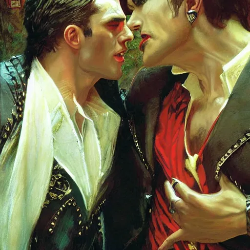 Image similar to attractive male, arthur pendragon confesses his love to attractive male dracula the vampire. highly detailed painting by gaston bussiere, craig mullins, j. c. leyendecker 8 k