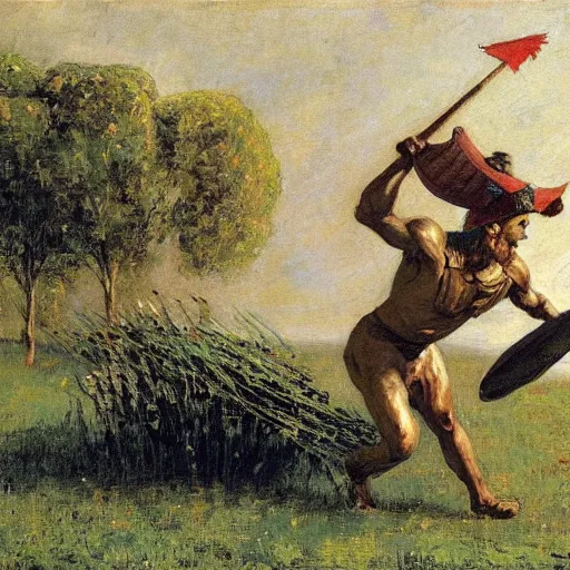 Prompt: A spartan mowing the lawn, photorealistic, by Ilya Repin and Dr. Seuss