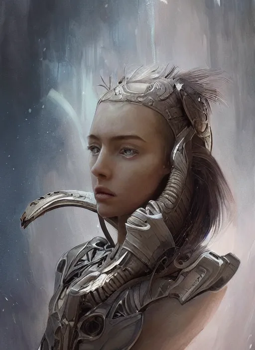 Image similar to a professional painting of a beautiful young female alien, clothed in ethereal armor, olive skin, long dark hair, beautiful bone structure, symmetrical facial features, intricate, elegant, digital painting, concept art, smooth, sharp focus, illustration, from Valerian and the City of a Thousand Planets, by Ruan Jia and Mandy Jurgens and Artgerm and William-Adolphe Bouguerea