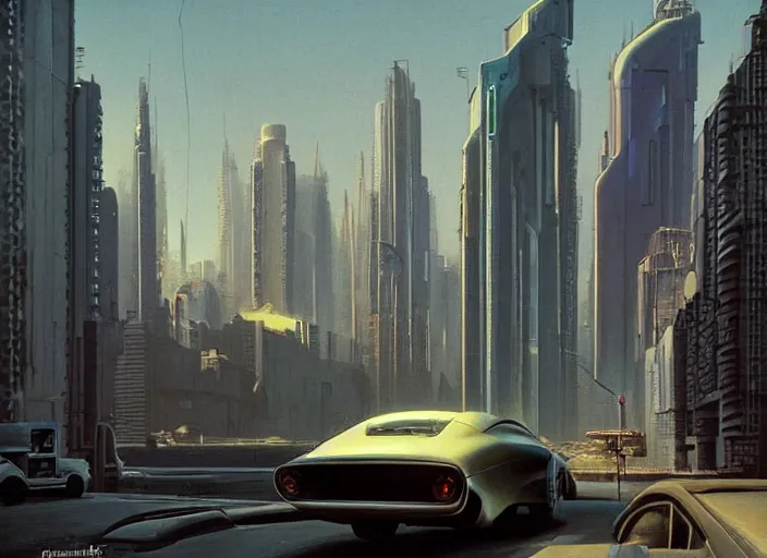 Prompt: a car driving down a street next to tall buildings the night at 2 pm, cyberpunk art by Chesley Bonestell, cgsociety, retrofuturism, matte painting, reimagined by industrial light and magic