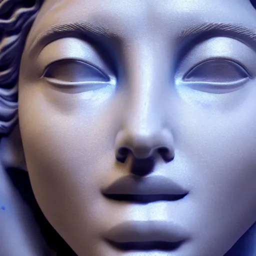 Image similar to a statue of a gorgeous woman made from blue marble with white and gold veins, by michelangelo, close up, face only, portrait, bright lights, bright render, octane render, corona render