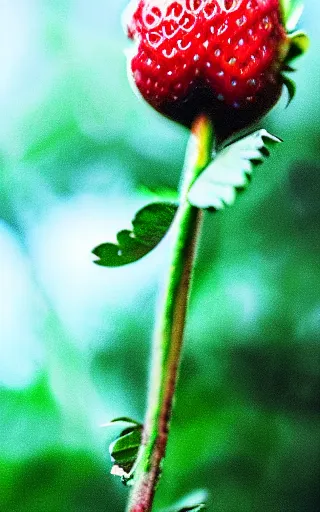 Prompt: iphone photo of a strawberry flower, wide angle, grainy