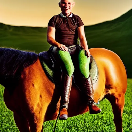 Image similar to a strange being riding a horse, they have green skin and no nose, they're bald, big eyes, very muscular, portrait photography, golden hour,