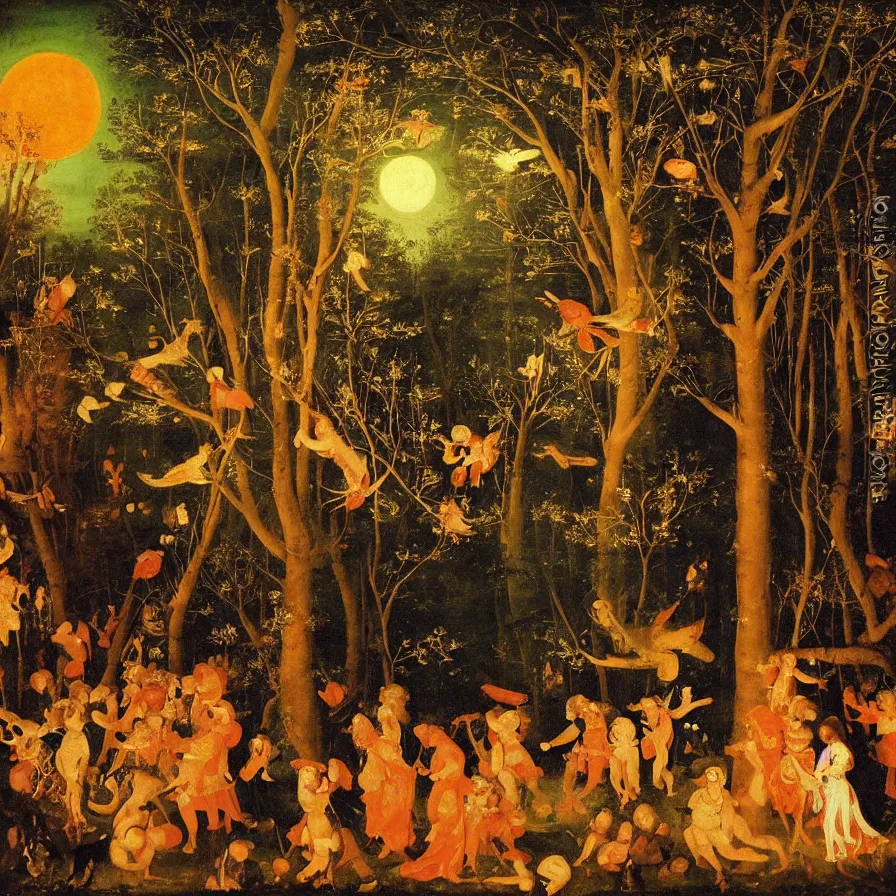 Image similar to renaissance painting of a night carnival around a magical tree cavity, with a surreal orange moonlight and fireworks in the background, next to a lake with iridiscent water, christmas lights, folklore animals and people disguised as fantastic creatures in a magical forest by summer night, masterpiece painted by koson ohara, scene by night, dark night environment, refraction lights, glares