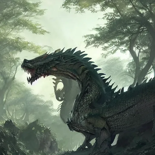Prompt: A ferocious steel dragon guarding the sacred grove, its scales glistening in the sparse sunlight, DnD digital concept art by Greg Rutkowski