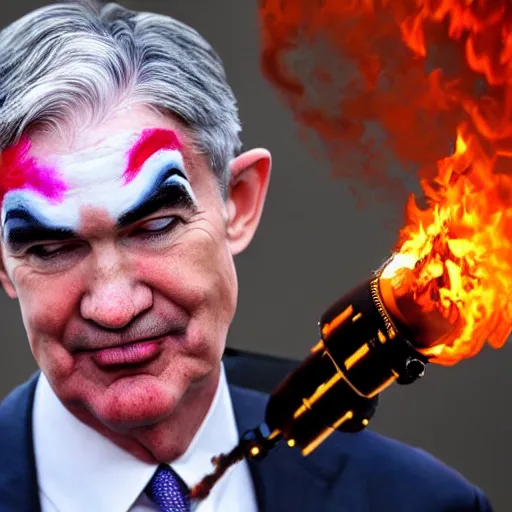 Image similar to photo of Jerome Powell with whiteface clown makeup using a flamethrower projecting a long flame