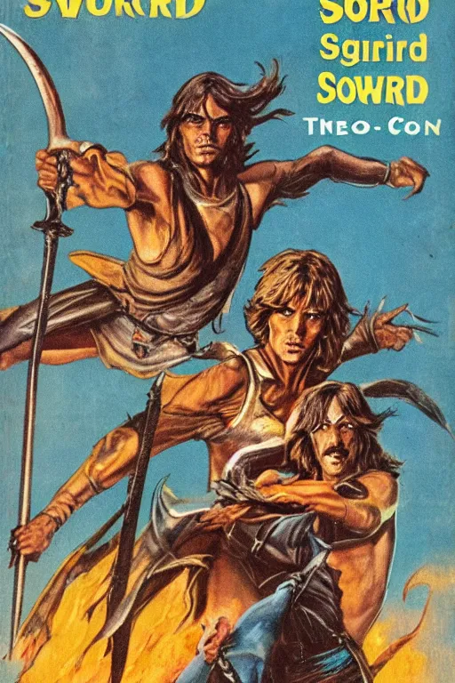 Image similar to 1970s sword and sorcery paperback book cover, clean, sharp focus, UHQ scan, detailed faces, textless