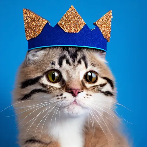 Image similar to toy cat wearing a blue crown , HD , 4k