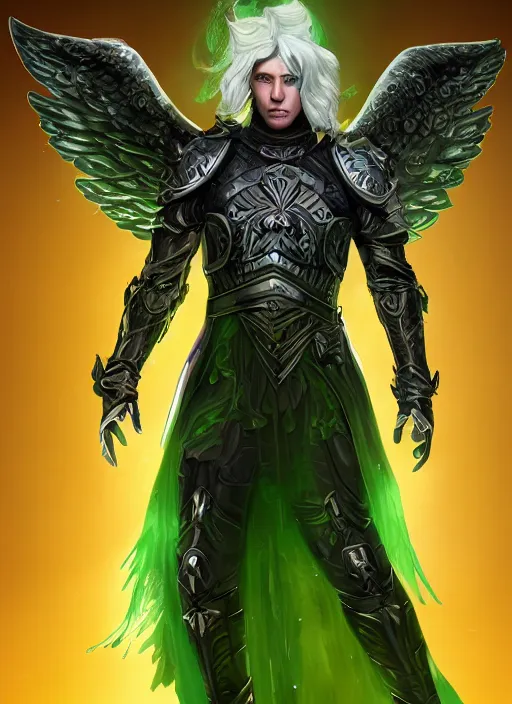 Prompt: An epic fantastic realism comic book style portrait painting of a male hexblade warlock aasimar with angel wings, green energy emanating from body, silver hair, Apex Legends Concept Art, unreal 5, DAZ, hyperrealistic, octane render, cosplay, RPG portrait, dynamic lighting