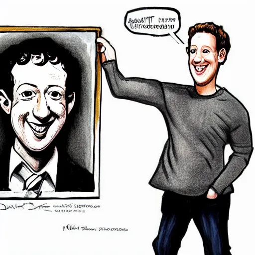 Image similar to a caricature portrait of Mark Zuckerberg drawn by Mort Drucker Mad Magazine