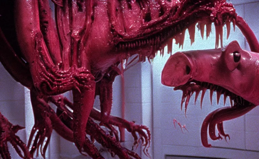 Image similar to peppa the pig infected by xenomorph from movie alien 1 9 7 9, staying at nostromo spaceship. extreme long shot, 4 k, cinestill, giger, hermann nitsch, dark colors