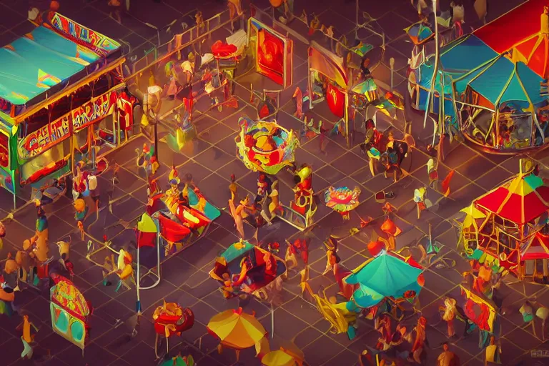 Image similar to carnival , isometric game art, white furniture, bright, artstation, highly detailed, cinematic lighting + masterpiece