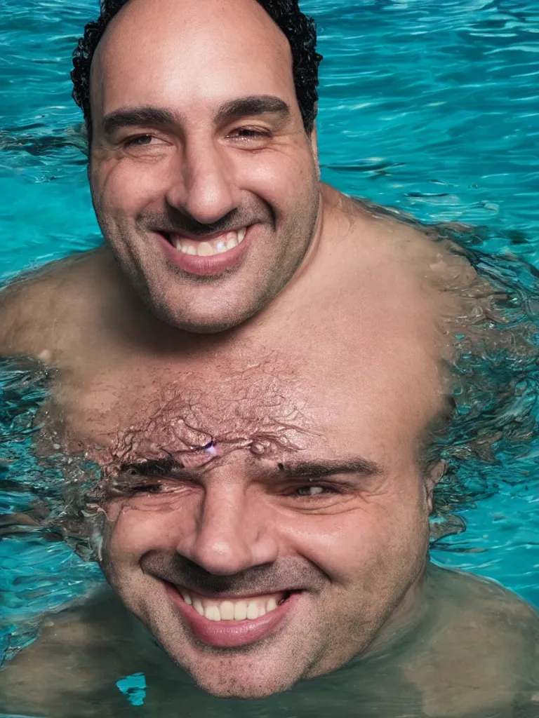 Image similar to a middle aged man, bulky build, thick black curly hair, receding hairline, big dark eyebrows, big lips, smiling, small eyes, no beard, under water, coral