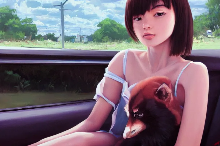 Image similar to A ultra detailed beautiful portrait panting of a stylish pepe sitting in the backseat of a car, Oil painting, by Ilya Kuvshinov, Greg Rutkowski and Makoto Shinkai