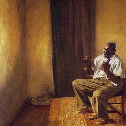 Image similar to a painting of a thinker, thoughtful, focused, visionary, calm, jovial, loving, daddy/fatherly, generous, well fed, elegant elder and his on from Kenya by Henry Ossawa Tanner . dramatic angle, ethereal lights, details, smooth, sharp focus, illustration, realistic, cinematic, artstation, award winning, rgb , unreal engine, octane render, cinematic light, macro, depth of field, blur, red light and clouds from the back, highly detailed epic cinematic concept art CG render made in Maya, Blender and Photoshop, octane render, excellent composition, dynamic dramatic cinematic lighting, aesthetic, very inspirational, arthouse.