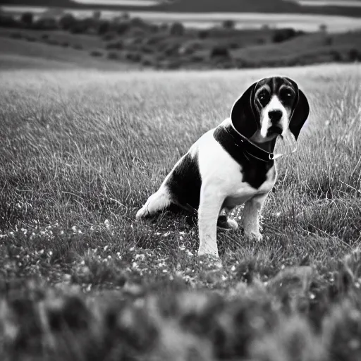 Image similar to beagle in a field, movie still, photography, DSLR 35mm, low light photography,