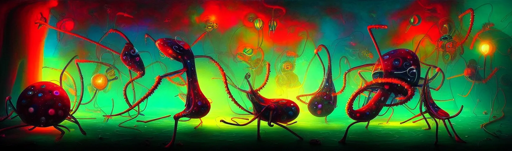 Image similar to strange plankton creatures from the depths of the collective unconscious, dramatic lighting, surreal darkly colorful painting by ronny khalil