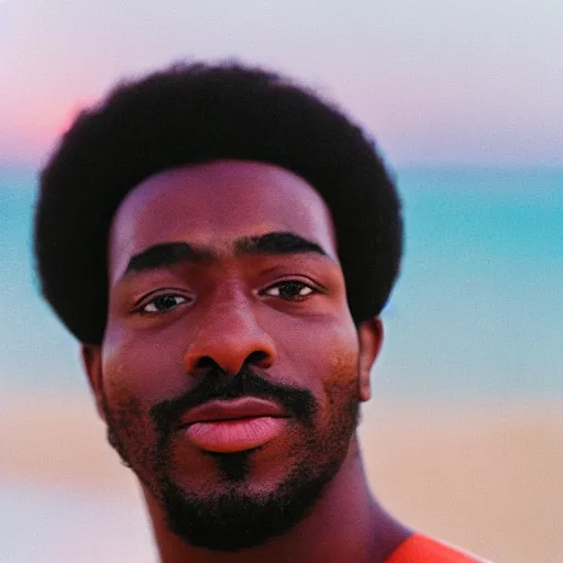 Prompt: close - up portrait of an afro men at the beach, zoomed, sharp focus, sunset, film still, analog film, 3 5 mm, 1 9 8 4, disposable camera, retro