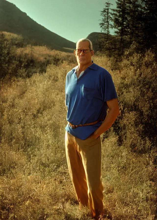 Prompt: live action hank hill, portrait photo taken by annie leibovitz, dramatic lighting, 8 5 mm f / 2. 4, kodak portra, color film