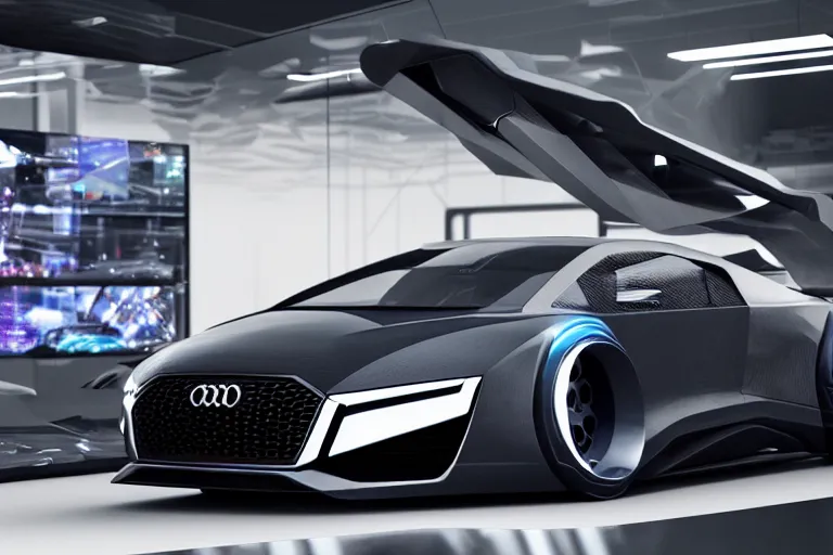 Image similar to cyberpunk audi concept inspired car, futuristic look, highly detailed body, very expensive, photorealistic camera shot, bright studio setting, studio lighting, crisp quality and light reflections, unreal engine 5 quality render