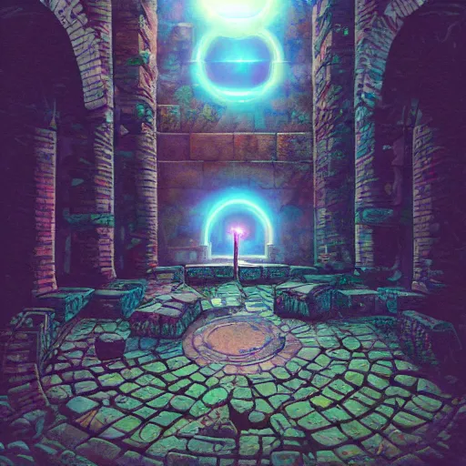 Image similar to a portal in the floor, ancient ruins, epic retrowave art, trending on art station