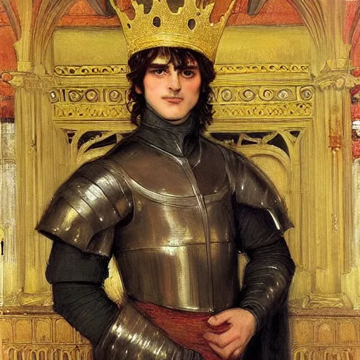 Image similar to painting of handsome beautiful medieval prince in his 2 0 s named shadow wearing a golden crown, elegant, soft facial features, delicate, clear, sharp focus, painting, stylized, art, art by john everett millais, john william waterhouse