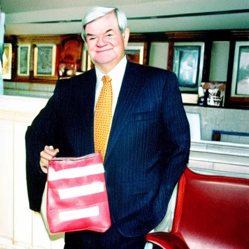 Image similar to Former House Speaker Newt Gingrich holding a big bag of money. CineStill