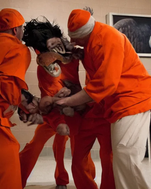 Image similar to Medium shot photo of eagles biting scared Donald Trump in prison jail wearing orange pajamas, octane, dramatic lighting, editorial photo, 35mm, very detailed