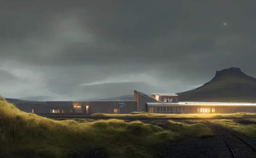 Prompt: exterior shot of utopian train station on in the middle of an icelandic hill with cinematic lighting by peter zumthor and renzo piano, darek zabrocki and greg ruthkowski, simon stalenhag, cinematic, holy place, paradise, scifi, futurism, atmospheric, concept art, artstation, trending on artstation