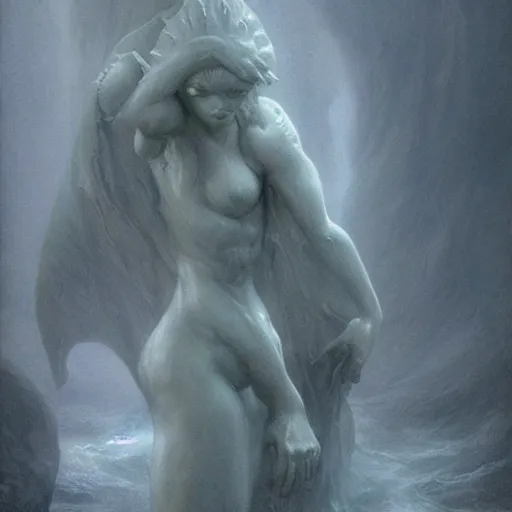 Image similar to atmospheric concept art of a female water elemental sculpted from marble, concept art, character concept art, atmospheric, fog, wayne barlowe , moebius, yoshitako amano