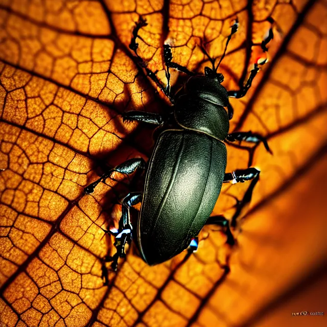 Image similar to a close up view of a bug on a leaf, a macro photograph, featured on cg society, macro lens, ultra detailed, macro photography, atmospheric lighting, intricate, volumetric lighting, beautiful, sharp focus, in the art style of marc simonetti, bowater charlie and brom gerald, astrophotography